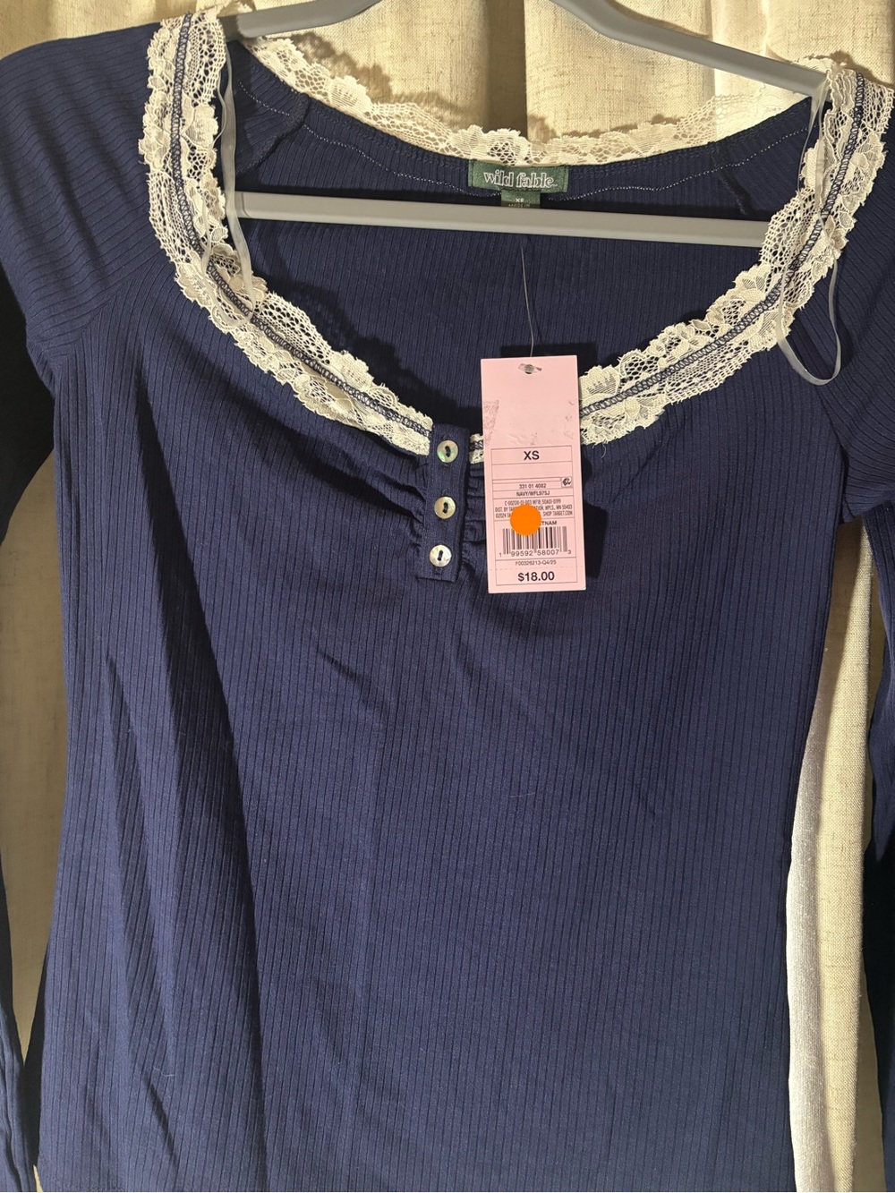 wild fable Navy Ribbed Long-Sleeve Top with Cream Lace Trim